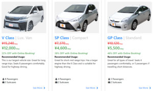 Screenshot of NICONICO Rent a Car vehicles and rates web page. Showing 3 cards with car images at the top and pricing and descriptions below.