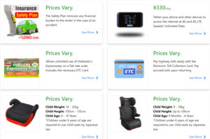 Screenshot of NICONICO Rent a Car extra items. Shows ETC card, child seat, snow tires, Hokkaido Expressway Pass, and Insurance Safety plan.